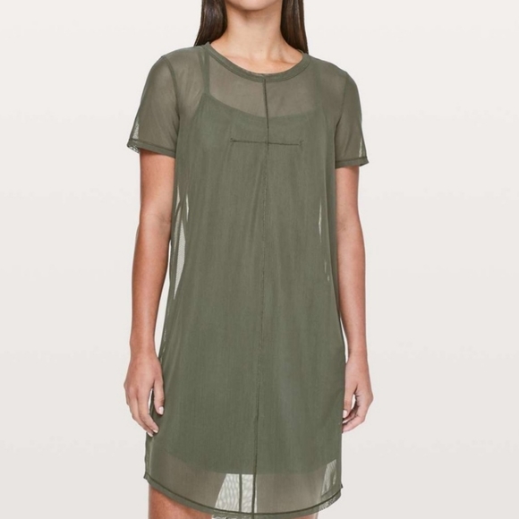 lululemon athletica Dresses & Skirts - Lululemon Ready to Reach Mesh Dress Camo Green w/ Liner Size 10
